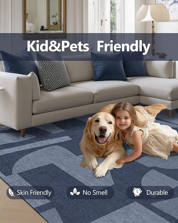 Latte&Fog 6x9 Area Rugs for Living Room Bedroom, Modern Abstract Washable Rug, Boho Non Slip Low Pile Carpet for Indoor Dining Room, Dorm, Classroom, College Dorm, Farmhouse and Kids Room - Navy Blue