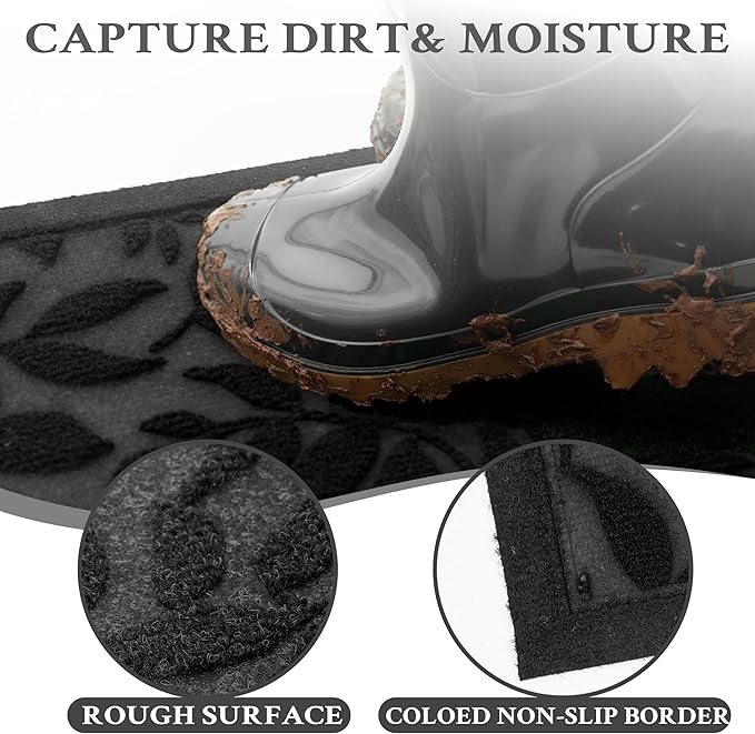 Black Leaves Outdoor Indoor Entrance Door mat, Absorbent Durable Heavy Duty Welcome Front Door Mat,Thick Natural Rubber Back,Easy Clean Entryway Mat 47x32 Inch, Low Profile