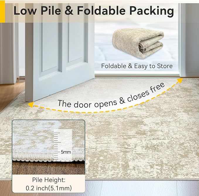 Washable Area Rugs 6'x9' Non-Slip Modern Abstract Soft for Living Room Entryway Bedroom Nursery, Print Pattern, Beige Cream Brown