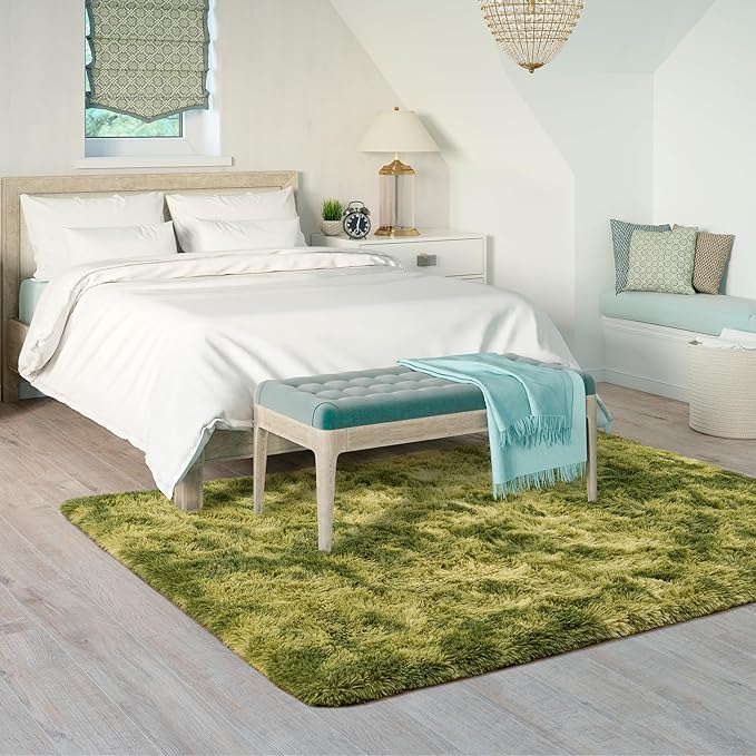 Goideal Fluffy Rug for Bedroom Living Room, 4x6 Green Area Rugs, Faux Fur Shag Modern Carpet Ultra Soft Girls Boys Room Home Decor, Tie-Dyed
