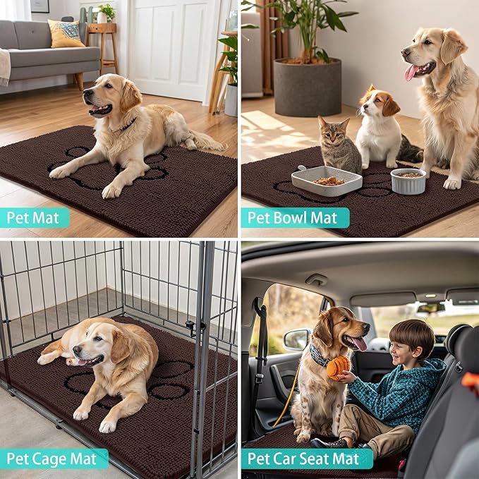 Smiry Dog Door Mat for Muddy Paws, Absorbent Dirt Trapper Non Slip Quick Dry Washable Chenille Mat for Mud Dogs, Entry Rug for Indoor and Outdoor (36x24 Inches, Brown and Black)