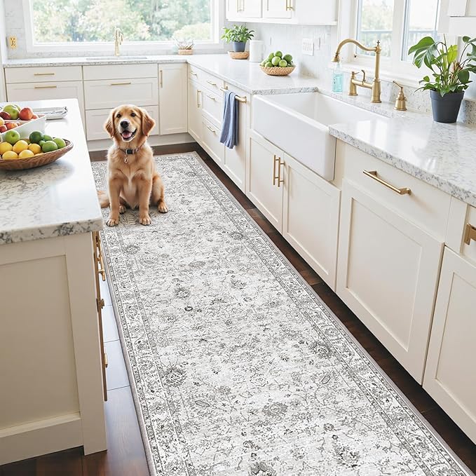 Grey Rug for Hallways Kitchen Rug 2x8, Non Slip Washable Rugs with Rubber Backing Soft Floral Carpet Runner for Hallways, Kitchen, Laundry, Bedroom, Bathroom (2 x 8, Grey)