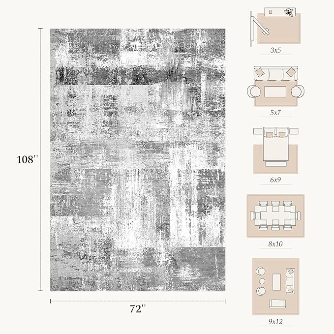 Rugflix 6x9 Large Area Rugs for Living Room, Abstract Washable Rug, Non-Slip, Stain Resistant, Soft Low Pile Carpet, Indoor Grey Rug for Bedroom, Dining Room, Home Office