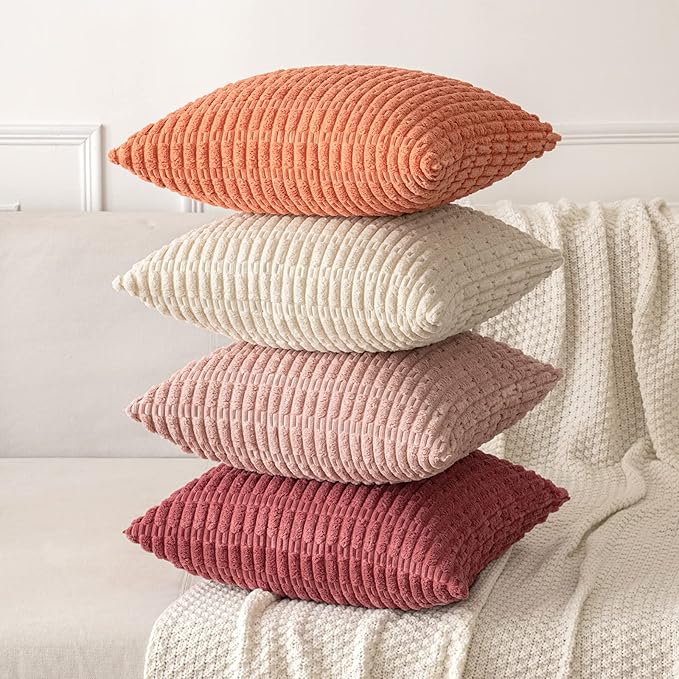 MIULEE Pack of 2 Corduroy Decorative Throw Pillow Covers 18x18 Inch Soft Boho Striped Pillow Covers Modern Farmhouse Home Decor for Summer Sofa Living Room Couch Bed Coral