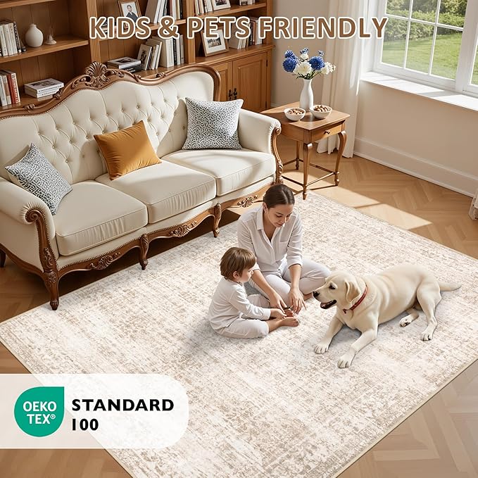 5x7 Area Rugs Living Room Rug: Washable Vintage Boho Rug No Slip Stain Resistant Soft Carpet Indoor Floor Floral Large Carpets for Bedroom Dining Room Farmhouse Nursery Hallway Home Office Beige