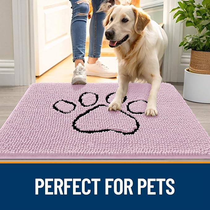 OLANLY Dog Door Mat for Muddy Paws 48x30, Paw Print Design, Absorbs Moisture and Dirt, Non-Slip Washable Doormat, Quick Dry Chenille Mud Mat for Dogs, Entry Indoor Entryway Carpet, Dusty Rose