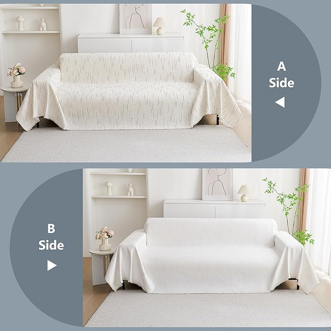 MYSKY HOME Couch Cover for Dogs, Sectional Couch Cover, Beige Lines Sofa Covers for Sectional Sofa L Shape Chenille Couch Protector for Dogs Pets Couch Covers Washable Soft Throw, 91"X118"