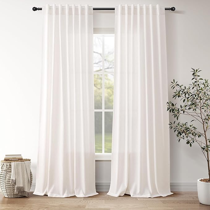 Ivory White Linen 112 Inch Curtains for Living Room Light Filtering Semi Sheer Curtain Back Tab Rustic Neutral Modern Farmhouse Decor Drapes Floor to Ceiling High Window for Bedroom 52x112, 2 Panels