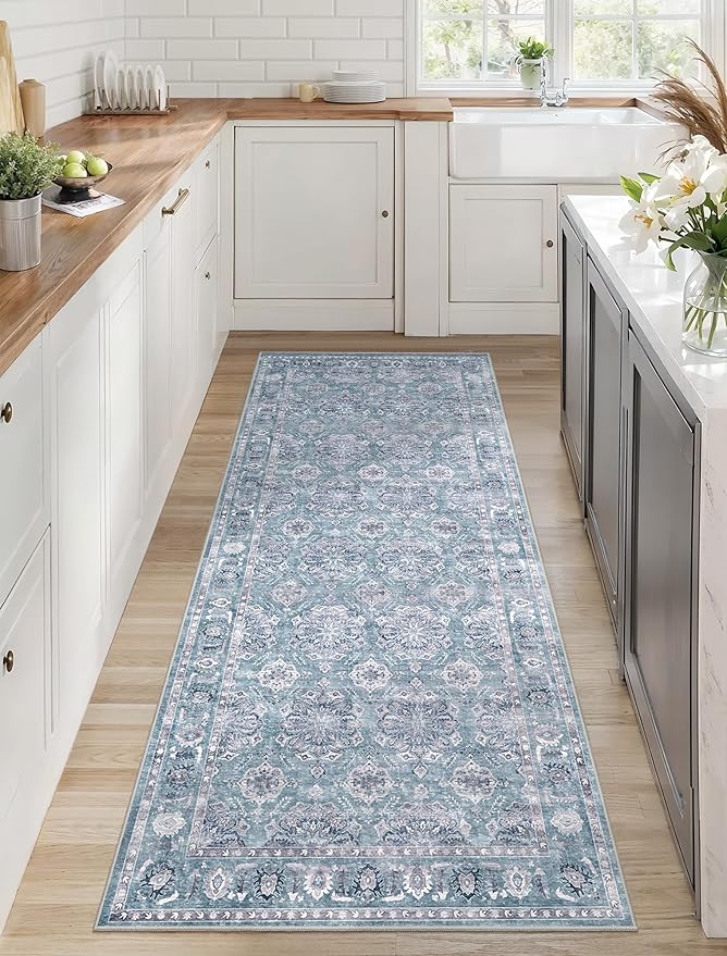 SERISSA Boho Washable Runner Rug, 2x5 Rug Non-Slip Vintage Floral Hallway Kitchen Runner Rug Ultra Soft Print Distressed Blue Grey Floor Carpet for Bedroom Bathroom Laundry Room