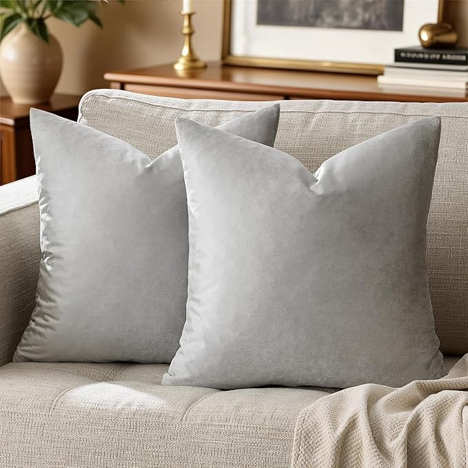 GIGIZAZA Silver Grey Velvet Pillow Covers 18x18 Pack of 2 Square Throw Pillow Covers Modern Decorative Pillows for Living Room Couch Luxury Small Pillow Cases