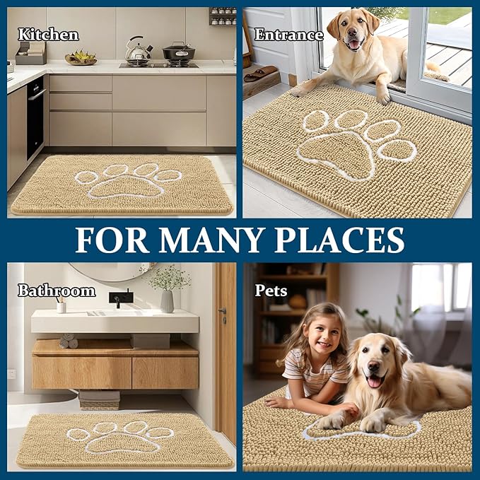 OLANLY Dog Door Mat for Muddy Paws 70x35, Paw Print Design, Absorbs Moisture and Dirt, Absorbent Non-Slip Washable Doormat, Quick Dry Chenille Mud Mat for Dogs, Entry Indoor Entryway Carpet, Beige