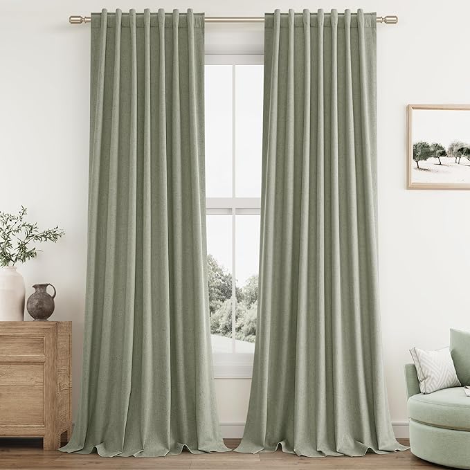 Sage Green 100% Blackout Linen Curtains 108 Inch Length 2 Panels Set for Living Room Bedroom Back Tab Rod Pocket Thermal Insulated Black Out Drapes Room Darkening Window Curtains 52x108