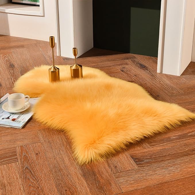 duduta Yellow Faux Sheepskin Rug 2x3 ft, Small Fluffy Shag Fur Rug for Bedroom Dorm Nursery Chair Covers Decor Non Slip