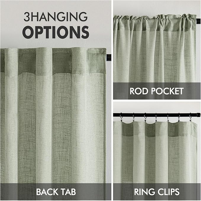 MIULEE Sage Linen Curtains 96 Inch Length 2 Panels for Bedroom Living Room,Green Soft Thick Linen Textured Window Drapes Semi Sheer Light Filtering Back Tab Rod Pocket Burlap Look Decor