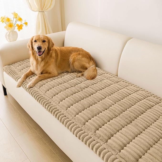 hyha Couch Covers for Dogs Washable, Non Slip Plush Dog Sofa Protectors, Fuzzy Pet Couch Covers for 3 Cushion Sofa Pet Friendly (Khaki, 27.6" x 47")