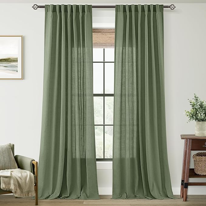 Olive Green Curtains 120 inch Length 2 Panels for Bedroom Back Tab Light Filtering Semi Sheer Drapes Linen Cotton Textured Airy Modern Farmhouse Living Room Sage Aesthetic Decor 52x120