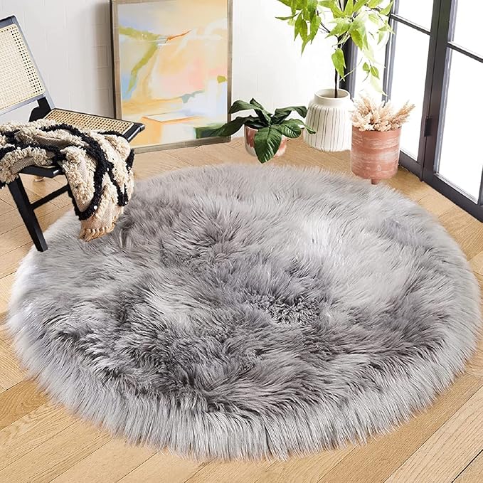 ORINOVA Silver Grey Furry Faux Sheepskin Shag Fur Rugs for Living Room Small Plush Circle Washable Area Rugs for Cute Room Nursery Decor Round Rug 3ft