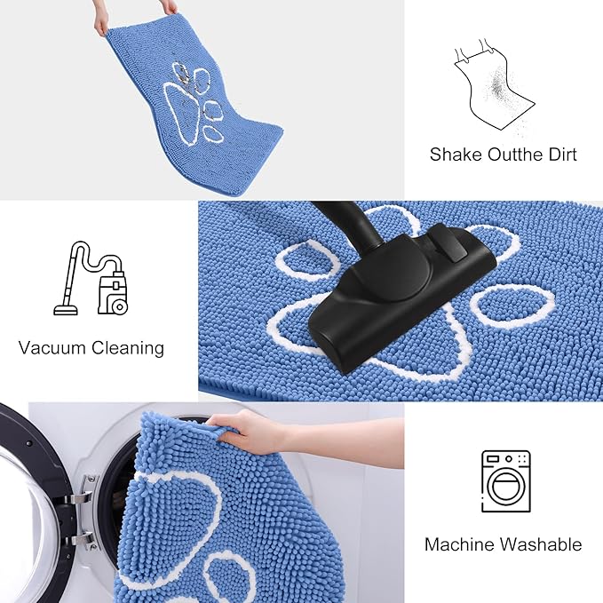 Smiry Dog Door Mat for Muddy Paws, Absorbent Dirt Trapper Non Slip Quick Dry Washable Chenille Mat for Mud Dogs, Entry Rug for Indoor and Outdoor (40x32 Inches, Cornflower Blue and White)