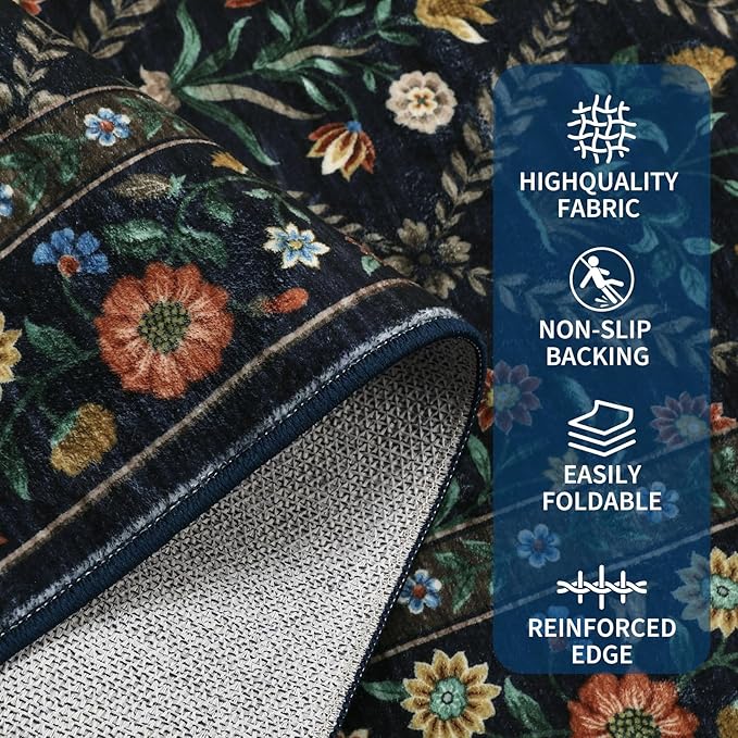 GarveeHome Grey Floral Rug 4x6 Rug Machine Washable Area Rug for Living Room Farmhouse Floral Low Pile for Dining Room, Bedroom Indoor Foldable Non-Slip Navy&Black RV