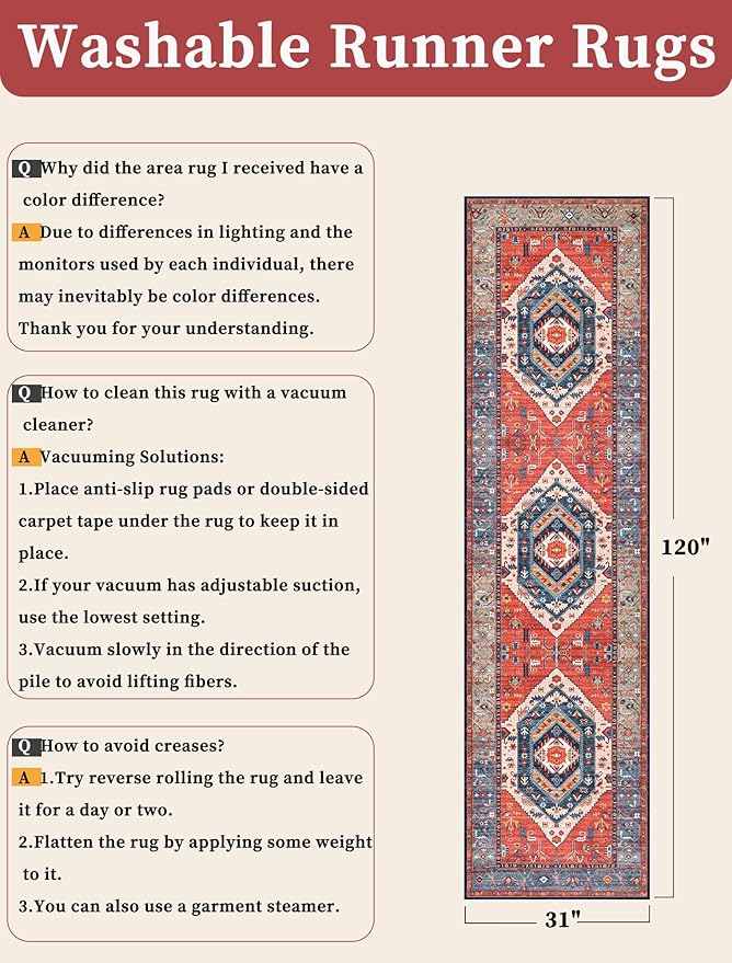 SERISSA Runner Rug for Hallways, 2'6"x10' Washable Non Slip Kitchen Runner Rug, Long Boho Rug Vintage Rust Hallway Stair Ultra Soft Print Floor Carpet for Bedroom Bathroom Laundry Room