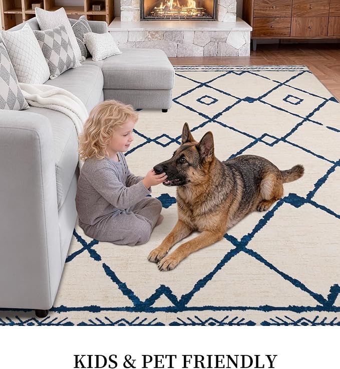 YIHOUSE Boho Rugs for Living Room, 8x10 Western Beige and Blue Area Rug, Moroccan Geometric Soft Low-Pile Washable Rugs for Bedroom, Dining Room