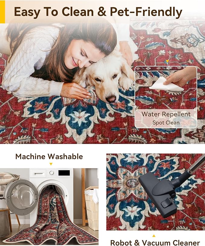 RELEANY Area Rugs 9'x12' Washable Non-Slip, Floral Vintage Distress Print Pattern Medallion Carpet for Living Room Bedroom Dining Room, Red Blue