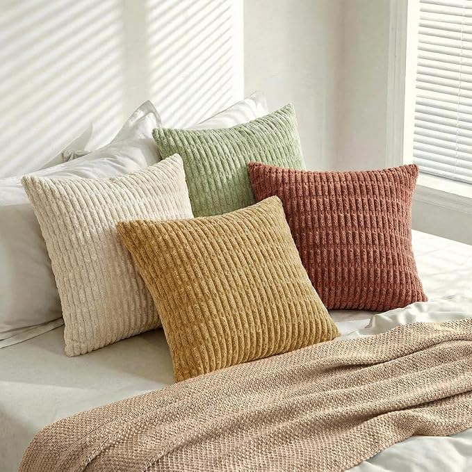 Fancy Homi 4 Packs Boho Fall Euro Decorative Throw Pillow Covers 28x28 Inch for Living Room Couch Bed, Rustic Farmhouse Home Decor, Soft Plush Striped Corduroy Square Colorful Cushion Case 71x71 cm