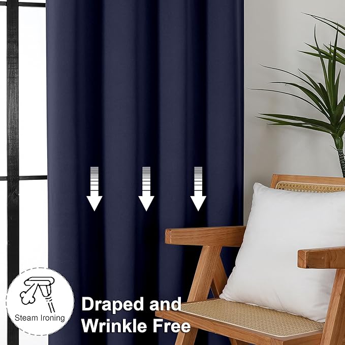 Simplebrand Ava Navy Blue Blackout Curtains for Bedroom 96 Inches Long 2 Panels, Solid Thermal Insulated, Energy Saving Living Room Window Treatment Curtains Blackout Drapes, W50 x L96 Inch, Navy Blue