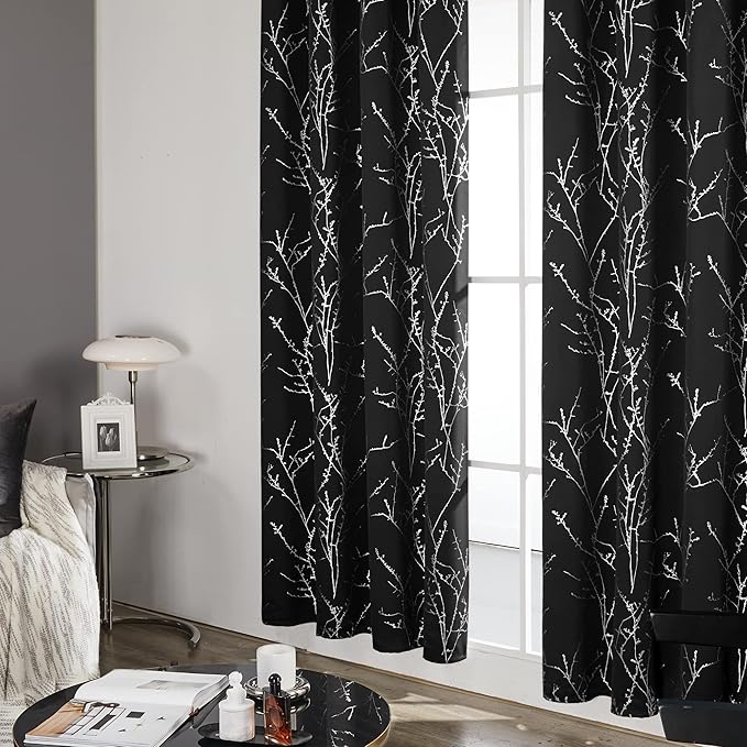 Deconovo Black Blackout Curtains, Thermal Insulated Soundproof Privacy Curtain Drapes, Branch Foil Print, 42 x 63 Inch Long, 2 Panels, Machine‑Washable Window Panel for Bedroom Living Room Office Home