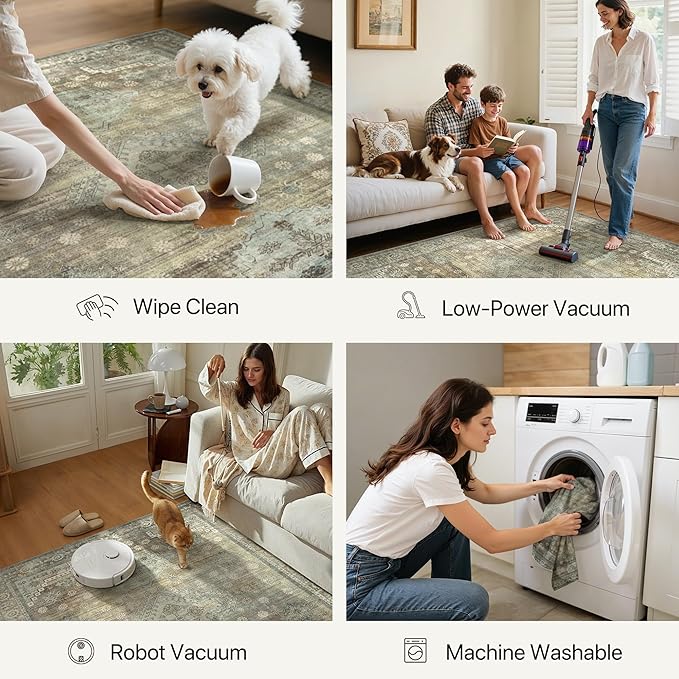 BEIMO Runner Rug for Hallway Kitchen, 2x5 Machine Washable Runners Rug for Entryway, Soft Modern Boho Throw Rugs, Low Pile Floor Cover with Non Slip Backing, Distressed Light Greyish Sage Green