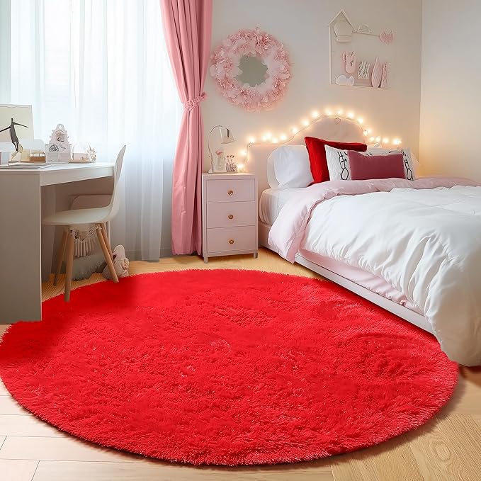 ONASAR Red Round Rugs 5ft for Bedroom Living Room, Fluffy Circle Area Rug for Kids Girls Boys Teen, Soft Plush Shaggy Carpet for Nursery Dorm Classroom Playroom Home Decor Aesthetic