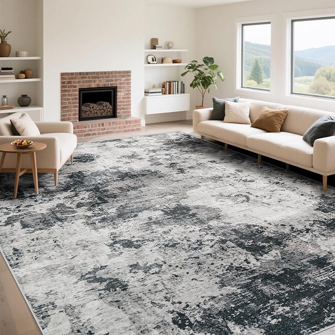 XLUEZ 9x12 Area Rug for Living Room, Washable Modern Abstract Large Area Rug Neutral Soft Non Slip Kids Rug Stain Resistant Indoor Carpet for Bedroom Dining Room Playroom Office(Black, 9'x12')