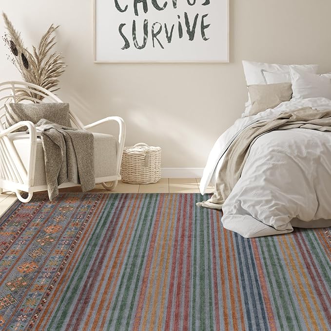 Nakagishi 6X9 Area Rugs Living Room: Washable Large Vintage Rug Neutral Non-Slip Soft Stain Resistant Indoor Carpet for Bedroom Nursery Dining Room Office Playroom - Multi Color