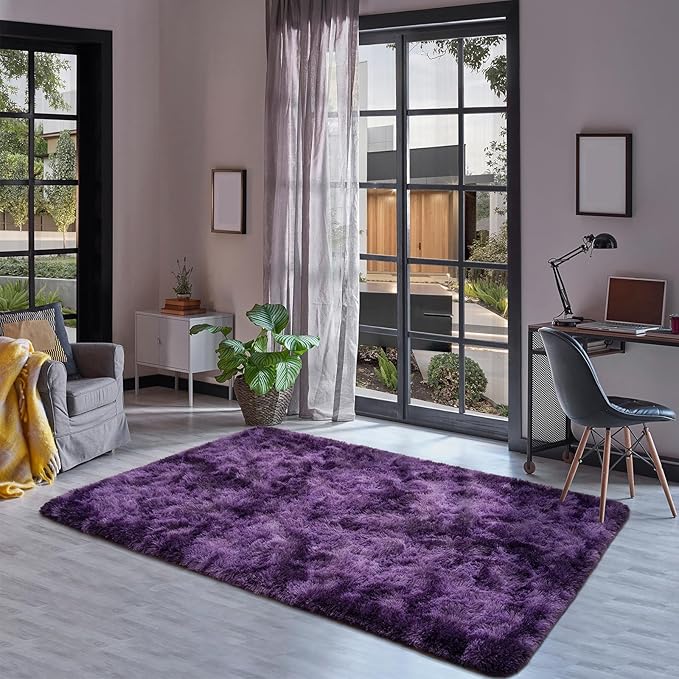 Goideal Fluffy Rug for Bedroom Living Room, 5x7 Purple Area Rugs, Faux Fur Shag Modern Carpet Ultra Soft Girls Boys Room Home Decor, Tie-Dyed