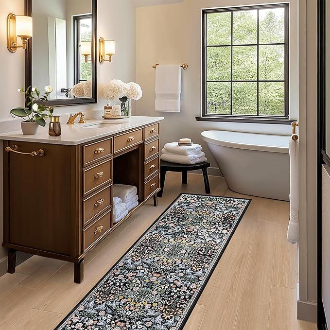Runner Rug for Entryway: 2.6x8 Kitchen Rugs Non Slip Washable Ultra-Thin Soft Floral Carpet Indoor Stain Resistant Carpets for Hallway Bedroom Kitchen Laundry Bathroom Dorm Dark Black