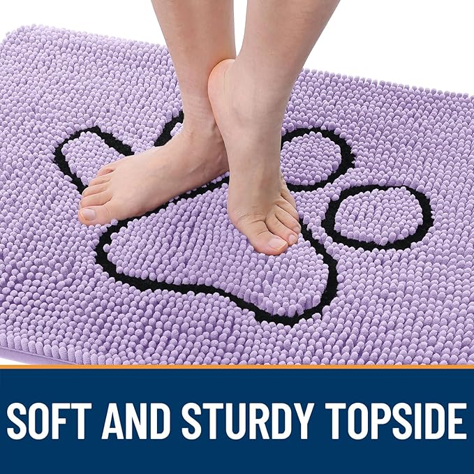 OLANLY Dog Door Mat for Muddy Paws 36x24, Paw Print Design, Absorbs Moisture and Dirt, Absorbent Non-Slip Washable Doormat, Quick Dry Chenille Mud Mat for Dogs, Entry Indoor Entryway Carpet, Lavender