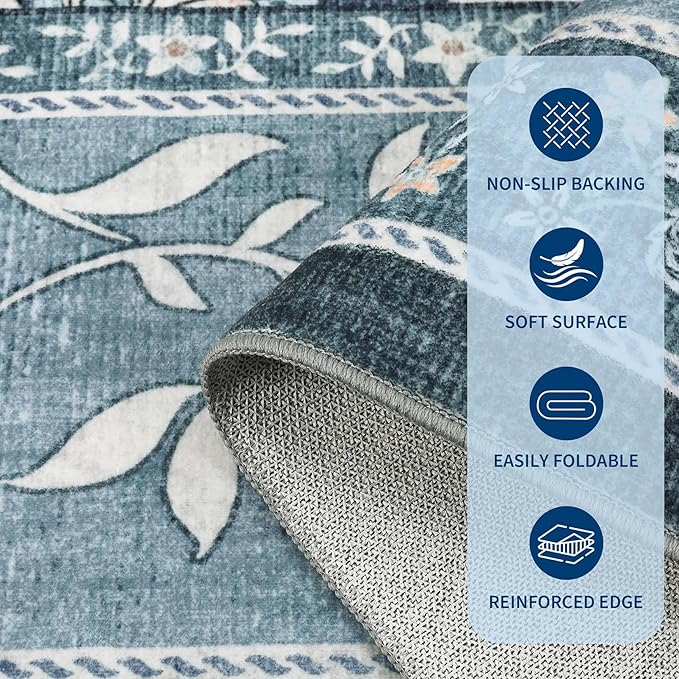 GarveeHome Provence Misty Blue 3x5 Rug Washable Non-Slip Low-Pile Indoor Rugs for Entryway Botanical Grove Vintage Boho Cottage Throw Carpet for Kitchen Bedroom Living Room Bathroom Mat