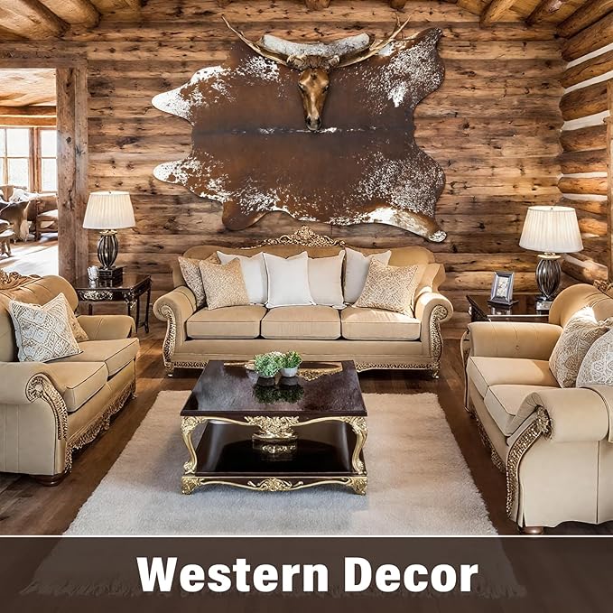 AROGAN Western Decor Faux Fur Cowhide Rug, 5.2x6.3 Feet Premium Animal Skin Cow Hide Rug, Sturdy Cow Print Rugs for Wall Decor, Western Floor Carpet for Bedroom Living Room, Spotted Brown