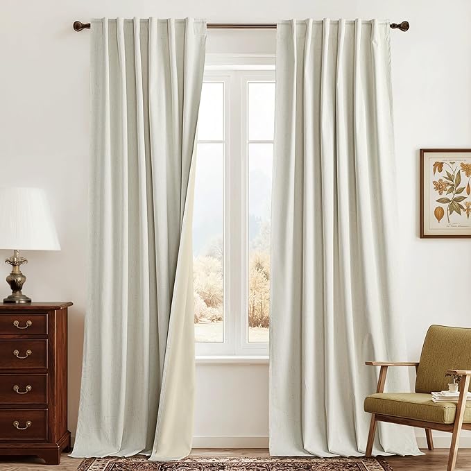 RYB HOME Cream White Linen Blackout Curtains, 100% Blackout Thermal Insulated Boho Farmhouse Window Curtain Panels for Living Room, Back Tab & Rod Pocket, 52" W x 90" L, 2 Panels Set