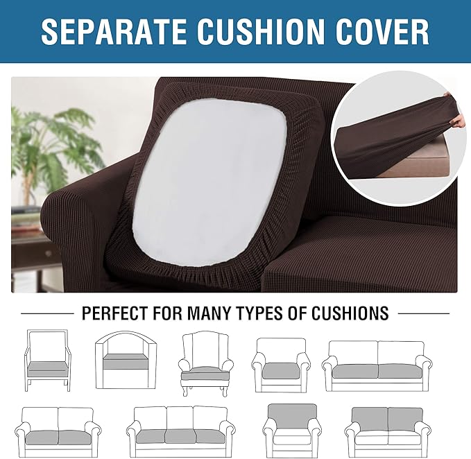 H.VERSAILTEX 3 Piece Stretch Sofa Covers for 2 Cushion Sofa Couch Covers for Living Room Sofa Slipcovers (Base Cover Plus 2 Seat Cushion Covers) Thicker Jacquard Fabric(Large Sofa, Chocolate)