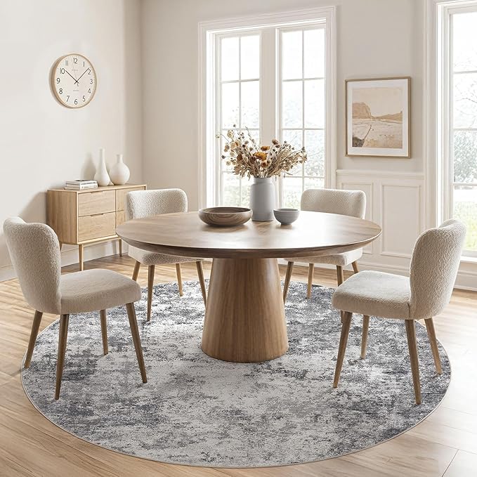 UERMEI 6ft Round Area Rug Living Room Rugs - 6x6 Washable Neutral Modern Abstract Soft Thin Rug Indoor Floor No Slip Rug Carpet for Bedroom Under Dining Table Home Office Decor - Grey
