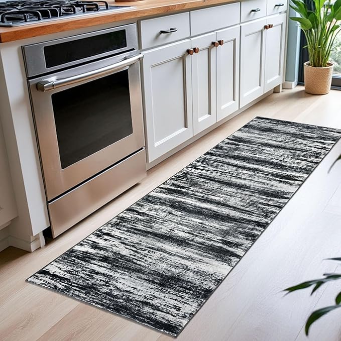 KOZYFLY Modern Abstract Kitchen Runner Rug, 2x6 Washable Rug Runner Non-Slip Soft Striped Hallway Runner Rugs, Black Navy Blue Grey Carpet Runner for Entryway Bathroom Laundry Room Foyer