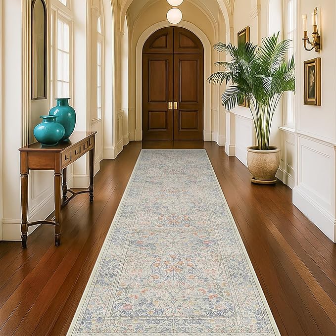 Hazo Haus Beige Blue Washable 2'6"x10' Wide Hallway Runners, Kitchen Runner Rug, Non-Slip & Stain Resistant 10ft Long Floor Rug, Retro Lilic Boho Floral Décor