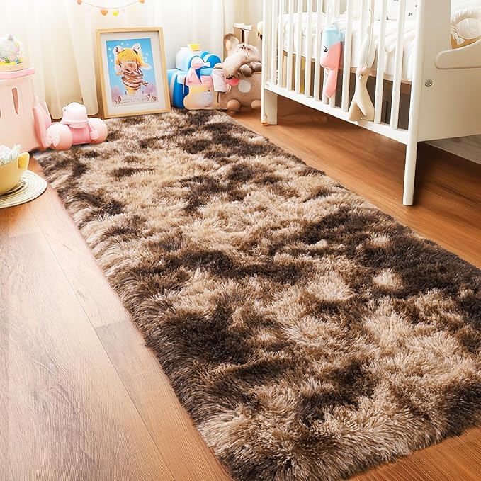 Pionblank Fluffy Runner Rugs for Bedroom 2x6, Modern Shaggy Brown Area Rug for Hallway Living Room, Plush Soft Fuzzy Bedside Carpet for Kids Girls Boys Room Nursery, Tie-Dyed Coffee