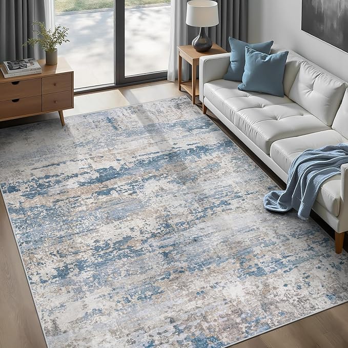 pmtsns Area Rugs 6x9 for Living Room: Washable Rug Modern Abstract Neutral Soft Non-Slip Low-Pile Indoor Carpet for Bedroom Dining Room Playroom Home Office (Light Blue Brown, 6'x9')