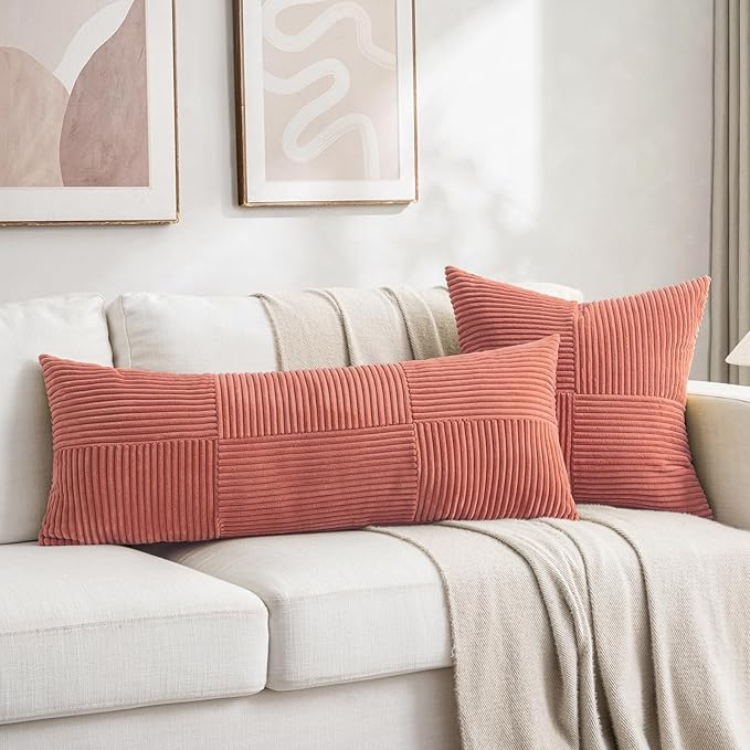 Fancy Homi 2 Packs Coral Decorative Throw Pillow Covers 22x22 Inch for Living Room Couch Bed, Rustic Farmhouse Boho Home Decor, Soft Corss Corduroy Patchwork Accent Square Cushion Case 55x55 cm