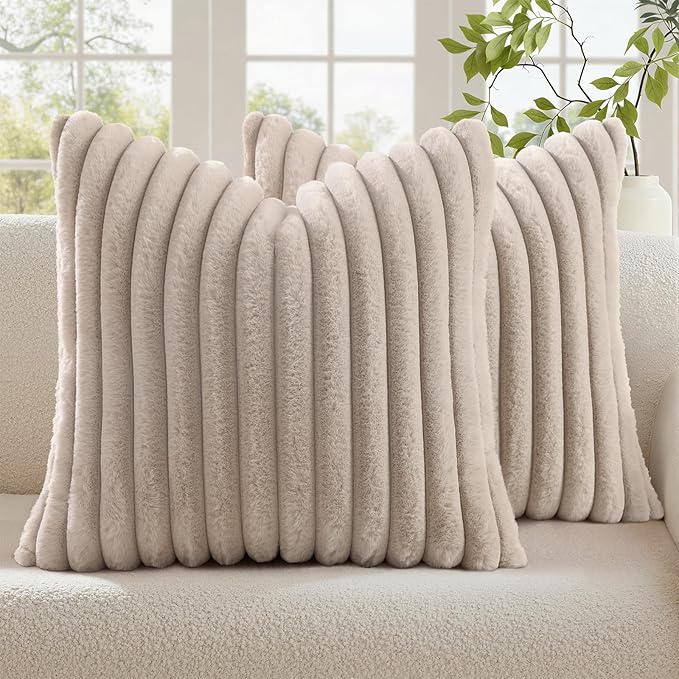 decorUhome Cozy Faux Fur Throw Pillow Covers 26x26 Set of 2 Decorative Soft Plush Striped Modern Farmhouse Boho Couch Euro Sham Pillow Cases with Velvet Back for Sofa Bed Living Room, Tan