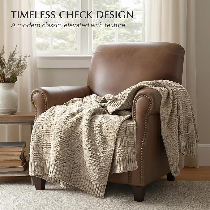 EVERGRACEHOME Modern Checkered Chenille Throw Blanket, Soft Cozy Plaid Knitted Chair Blanket for Sofa Couch, Decorative Knit Throw for Bed and Living Room, Sand Dune, 50" x 60"