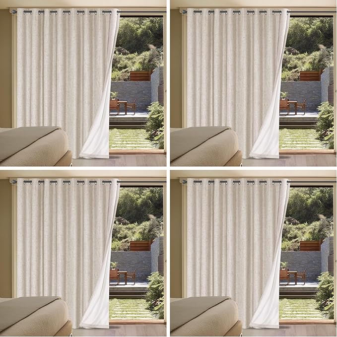 H.VERSAILTEX Linen Blackout Curtains Durable Thick Textured Linen Look 100% Blackout Patio Door Curtain Anti Rust Grommet Extra Wide Sliding Door Curtain Panel, Natural，W100 x L108 inch (Pack of 4)
