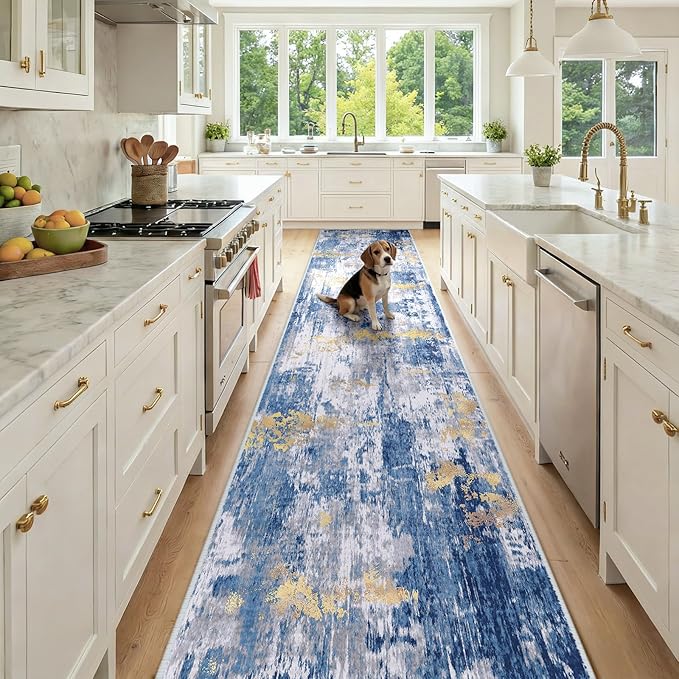 Washable Area Rugs 2'6'' x12 Non-Slip Modern Abstract Soft for Living Room Entryway Bedroom Nursery, Print Pattern, Grey Blue Gold/Golden